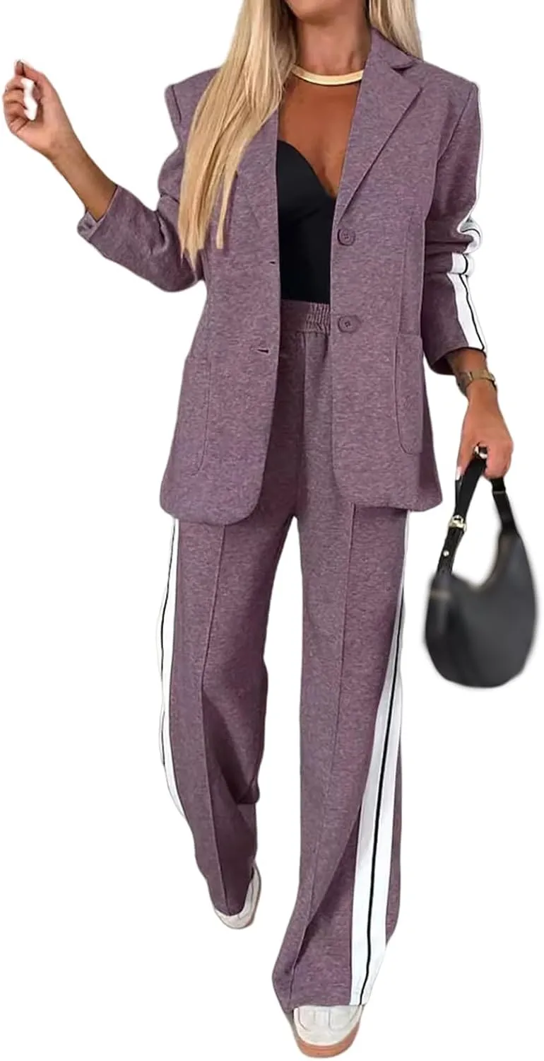 2 Piece Blazer Outfits for Women Oversized Blazer&Wide Leg Dress Pants Dressy Business Casual Office Suit Sets