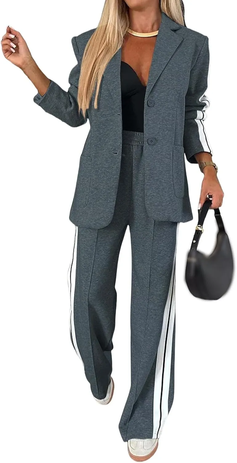 2 Piece Blazer Outfits for Women Oversized Blazer&Wide Leg Dress Pants Dressy Business Casual Office Suit Sets