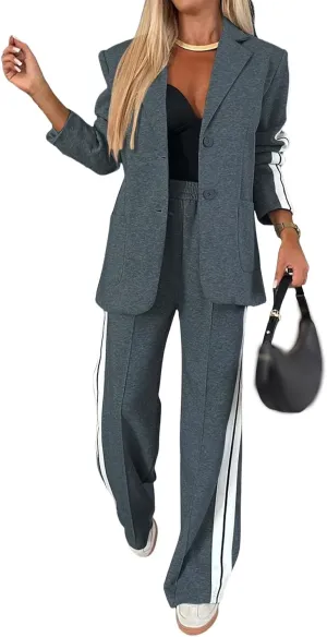 2 Piece Blazer Outfits for Women Oversized Blazer&Wide Leg Dress Pants Dressy Business Casual Office Suit Sets