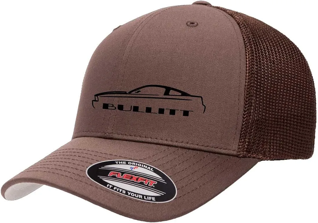 2008 Bullitt Ford Mustang Classic Outline Design Flexfit 6511 Trucker Mesh Fitted Cap
