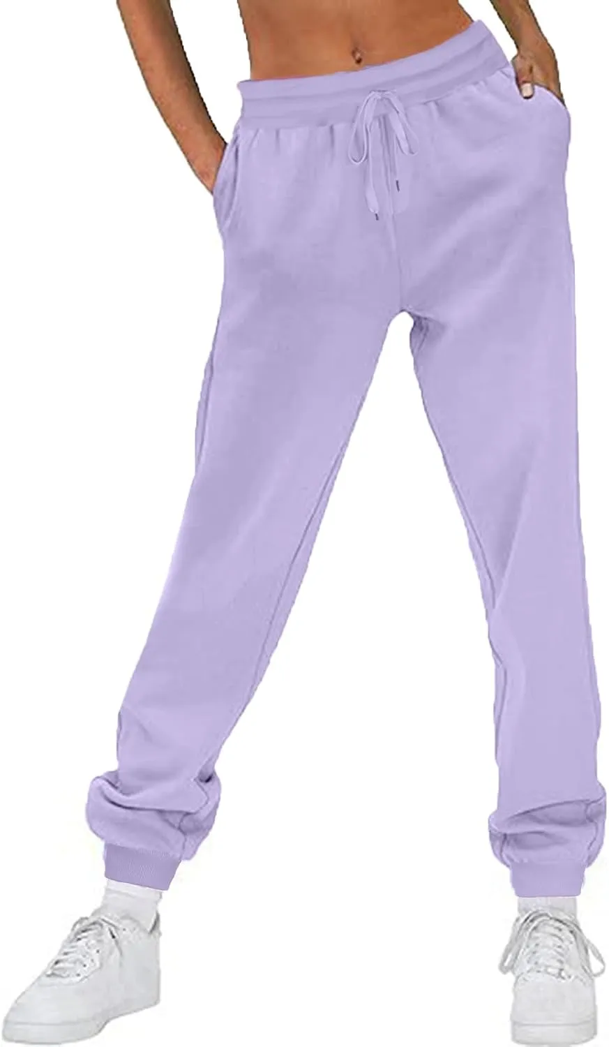 2024 Women Solid Sweatpants Baggy Mid Rise Fleece Workout Active Pants Fall Winter Lounge Jogger Pants with Pockets