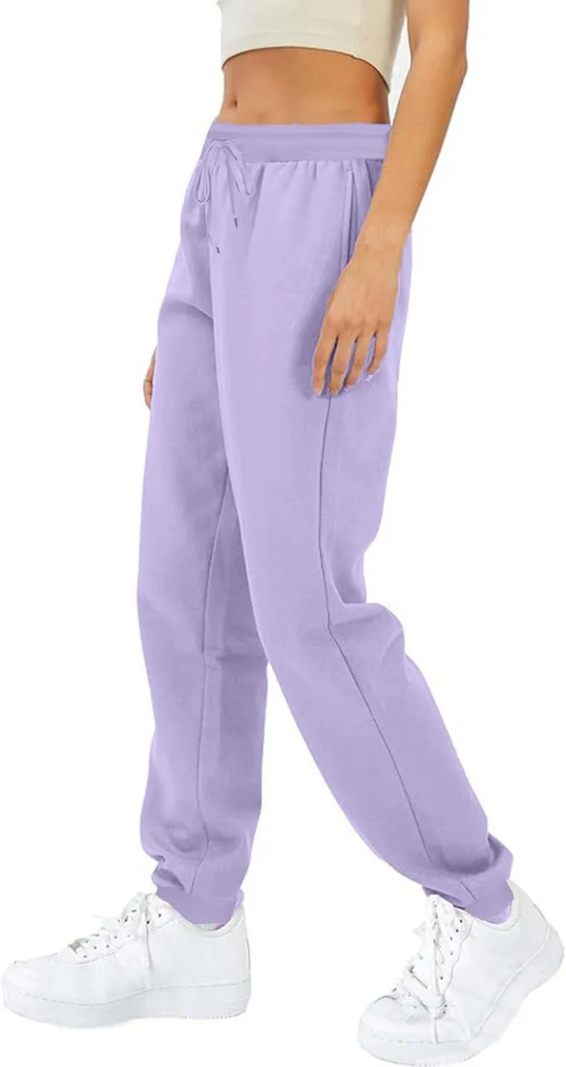 2024 Women Solid Sweatpants Baggy Mid Rise Fleece Workout Active Pants Fall Winter Lounge Jogger Pants with Pockets