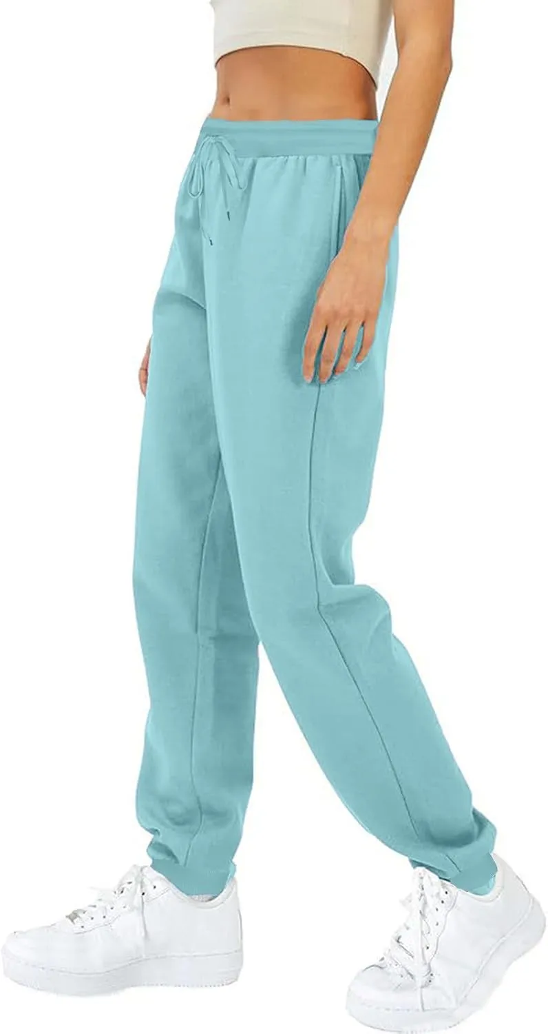 2024 Women Solid Sweatpants Baggy Mid Rise Fleece Workout Active Pants Fall Winter Lounge Jogger Pants with Pockets