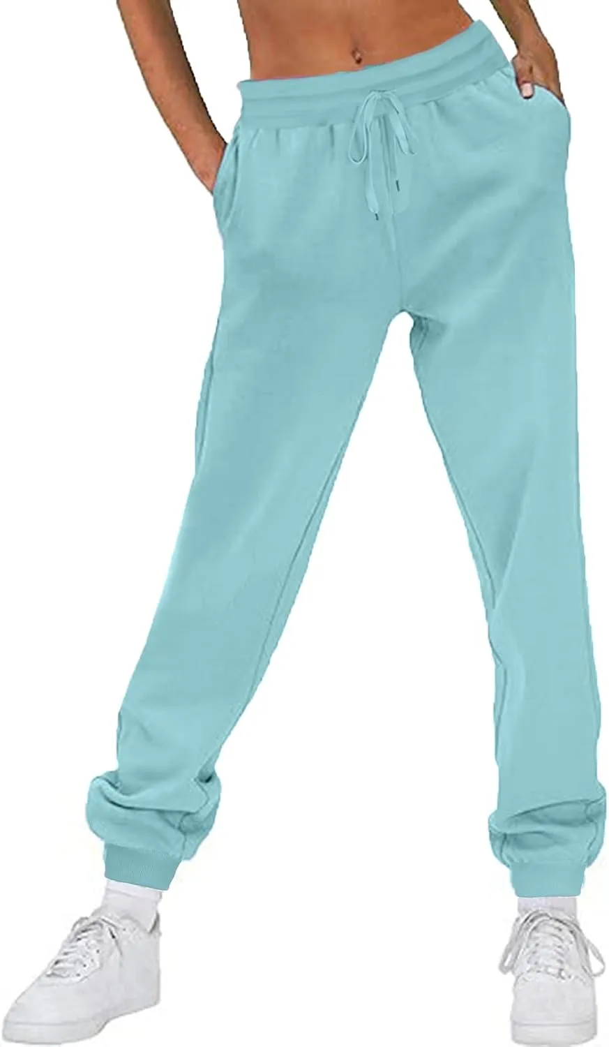 2024 Women Solid Sweatpants Baggy Mid Rise Fleece Workout Active Pants Fall Winter Lounge Jogger Pants with Pockets