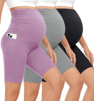 3 Pack Maternity Shorts Over The Belly Pregnancy Biker Shorts Workout Yoga Active Pregnant Pants Pajama with Pockets