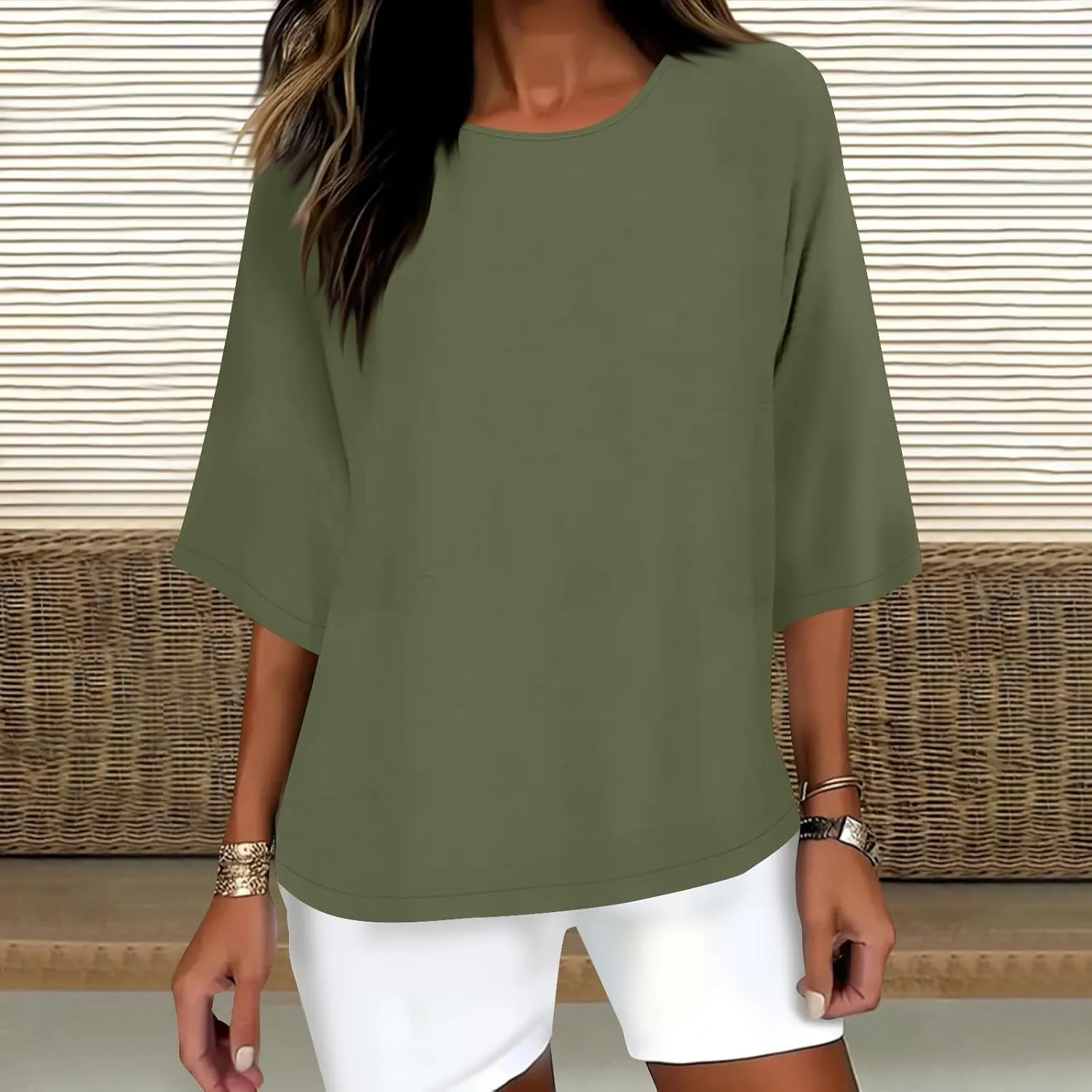 3/4 Sleeve Cotton Linen Tops for Women Plus Size Loose Fit Crew Neck Tee Shirts 2025 Summer Cute Solid Beach Tshirt