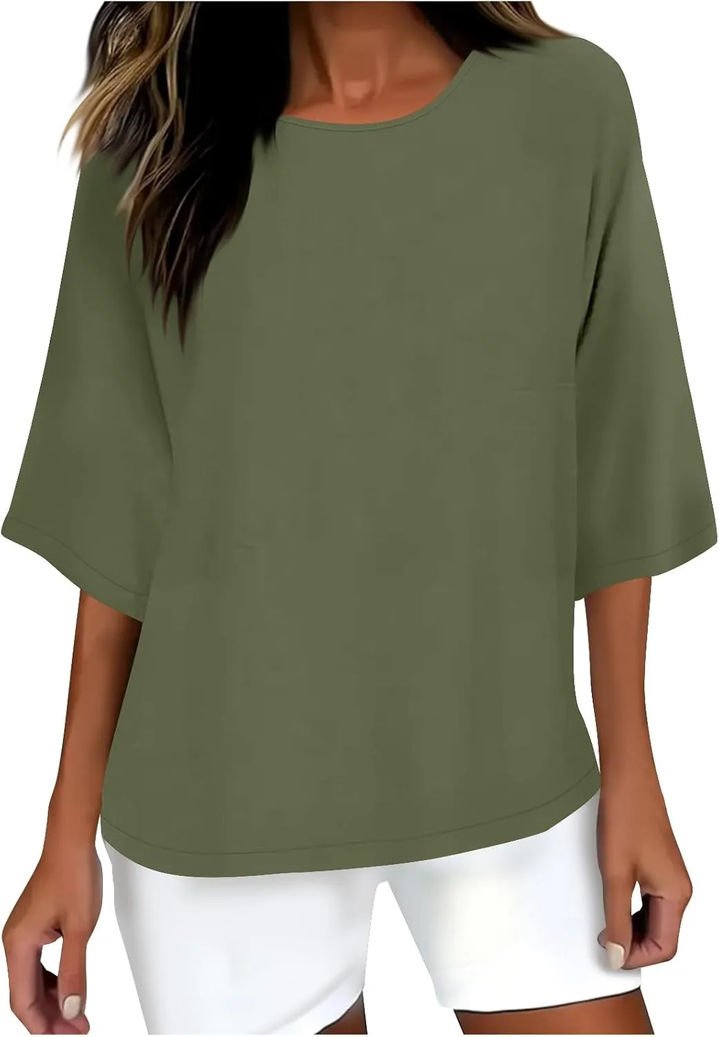 3/4 Sleeve Cotton Linen Tops for Women Plus Size Loose Fit Crew Neck Tee Shirts 2025 Summer Cute Solid Beach Tshirt