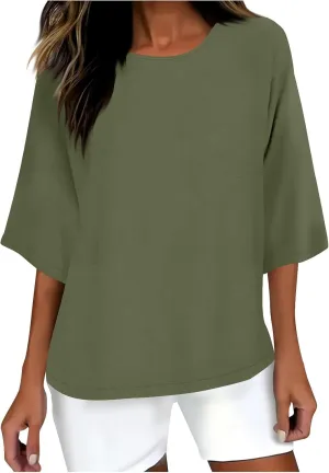 3/4 Sleeve Cotton Linen Tops for Women Plus Size Loose Fit Crew Neck Tee Shirts 2025 Summer Cute Solid Beach Tshirt