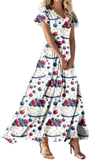 ADHOWBEW Womens 4th of July Dress Patriotic Summer USA American Flag V Neck 2025 Short Sleeve Casual Maxi Dresses