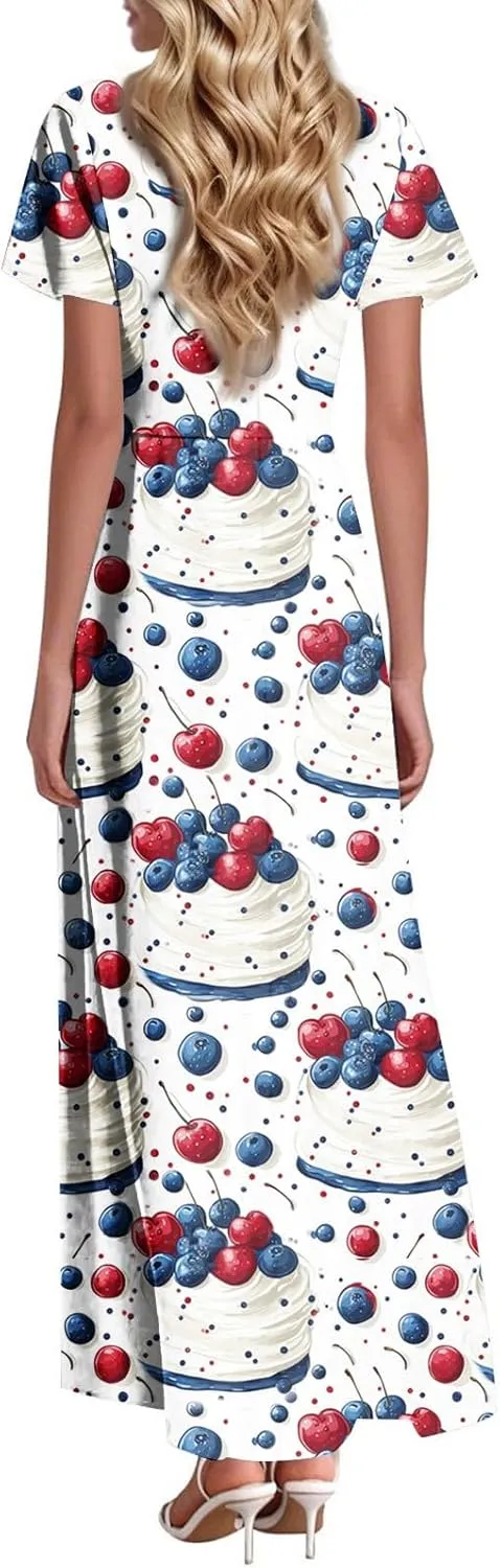 ADHOWBEW Womens 4th of July Dress Patriotic Summer USA American Flag V Neck 2025 Short Sleeve Casual Maxi Dresses