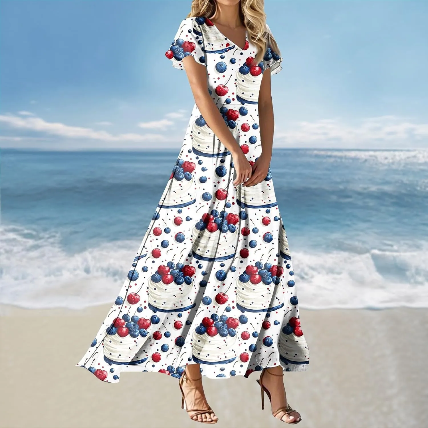 ADHOWBEW Womens 4th of July Dress Patriotic Summer USA American Flag V Neck 2025 Short Sleeve Casual Maxi Dresses