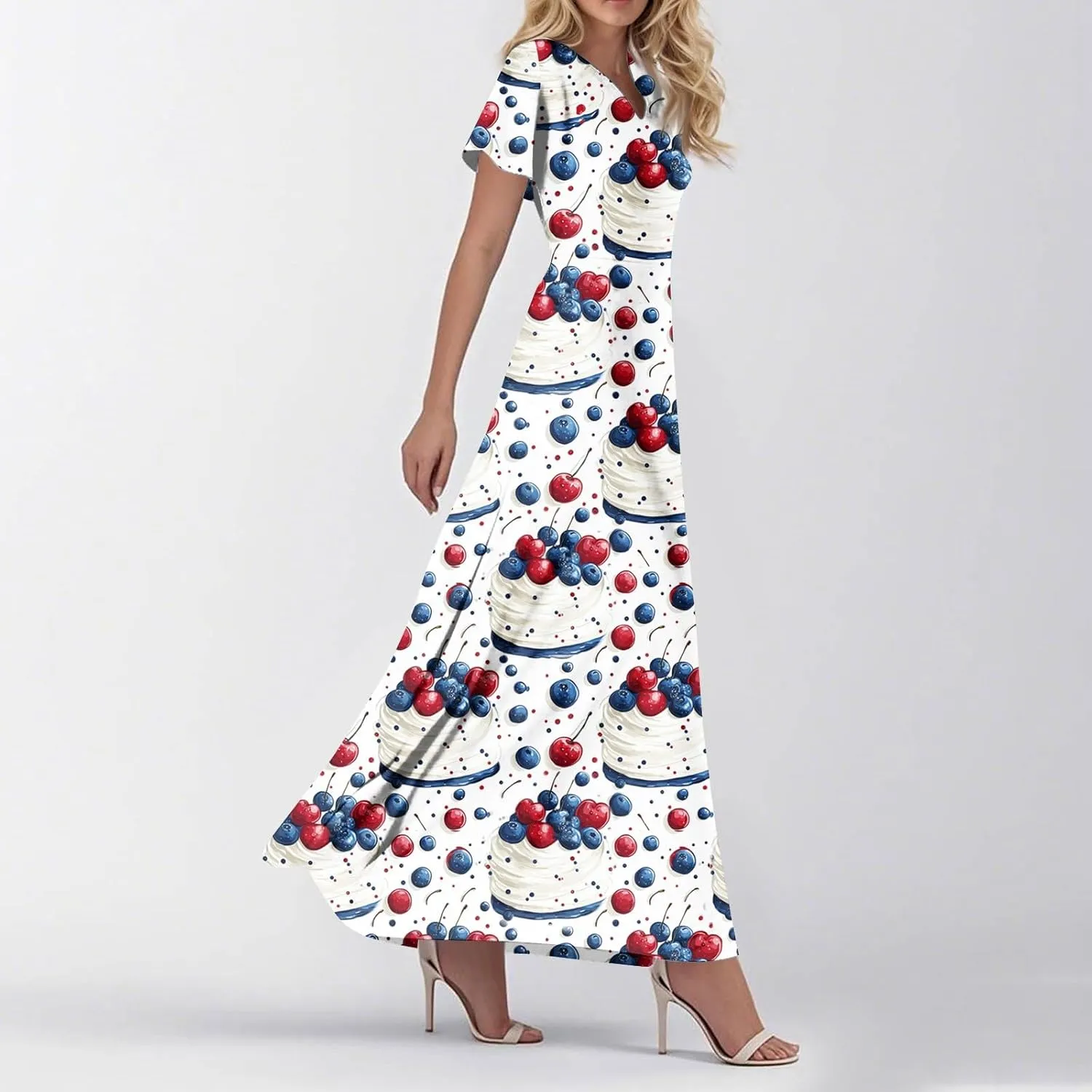 ADHOWBEW Womens 4th of July Dress Patriotic Summer USA American Flag V Neck 2025 Short Sleeve Casual Maxi Dresses