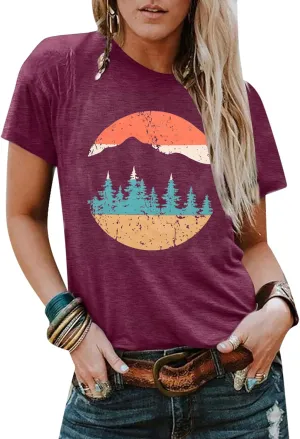 Adventure Shirts Women Funny Nature Graphic Tee Retro Camping Mountain T-Shirt Vintage Hiking Tops Casual Highway Tee