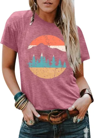 Adventure Shirts Women Funny Nature Graphic Tee Retro Camping Mountain T-Shirt Vintage Hiking Tops Casual Highway Tee