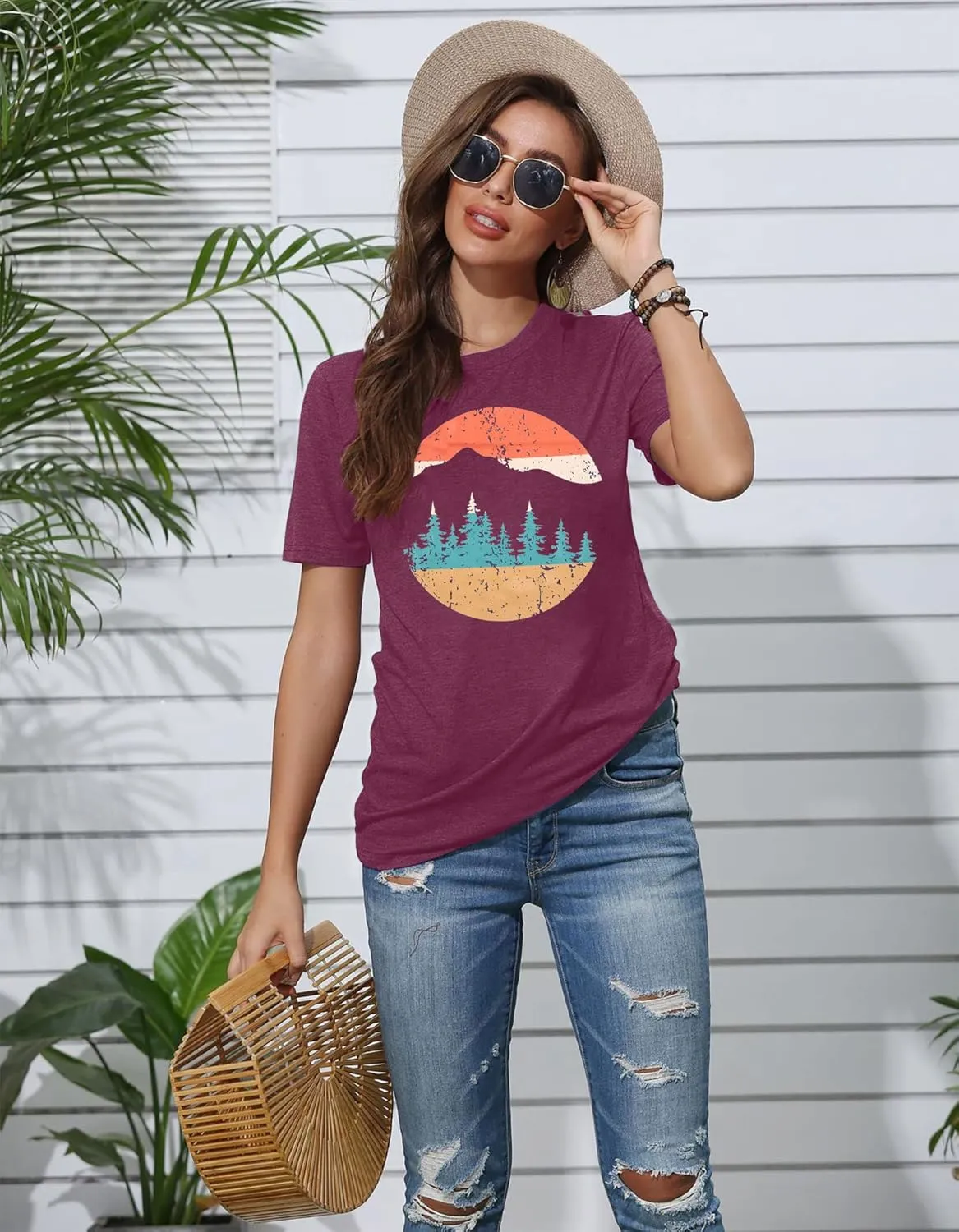 Adventure Shirts Women Funny Nature Graphic Tee Retro Camping Mountain T-Shirt Vintage Hiking Tops Casual Highway Tee