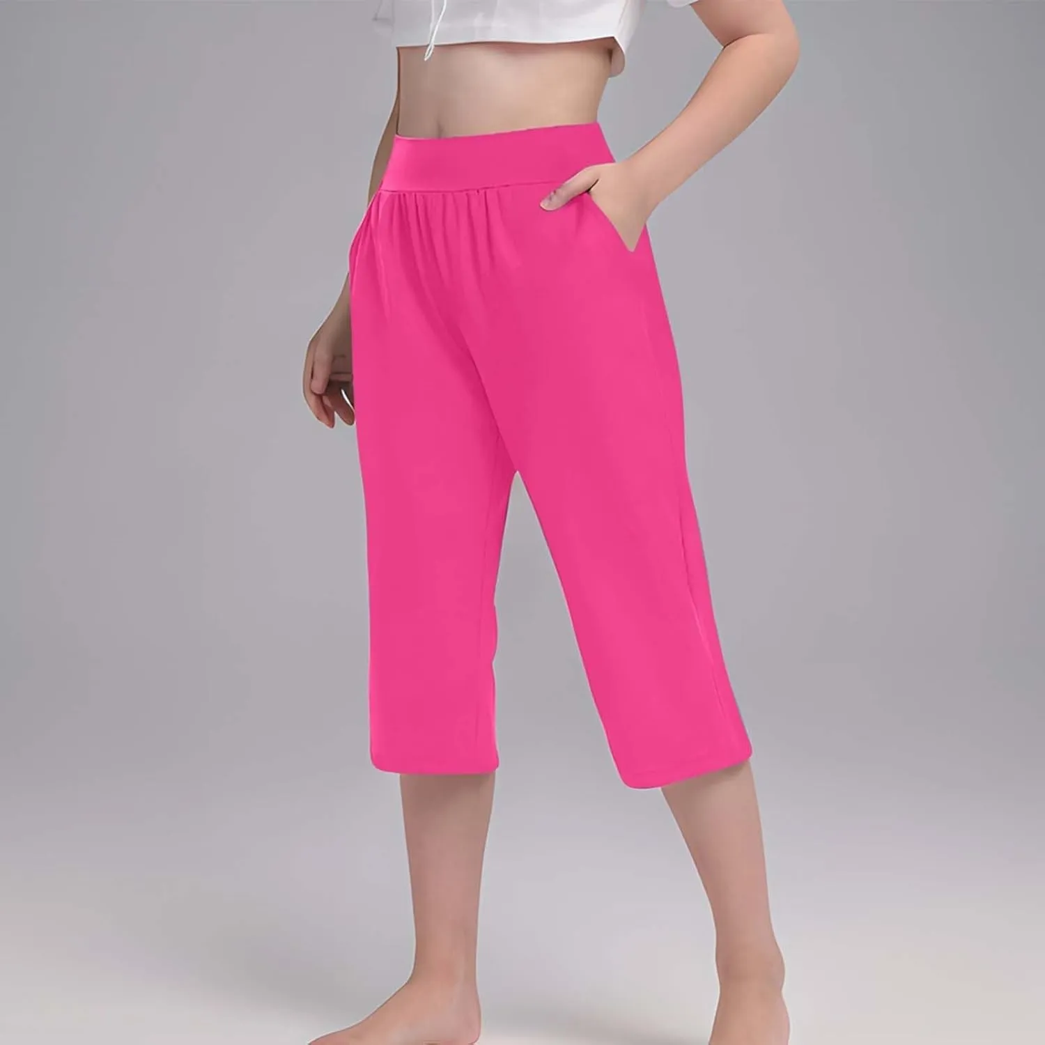 AIMAOMI Girls Athletic Capri Leggings, Kids Yoga Pants with Pockets, Teen Girls Stretch Dance Running Workout Pants