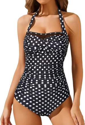 Aqua Eve Women Tummy Control Bathing Suits Halter One Piece Swinsuits Ruched Mesh Vintage Swimwear