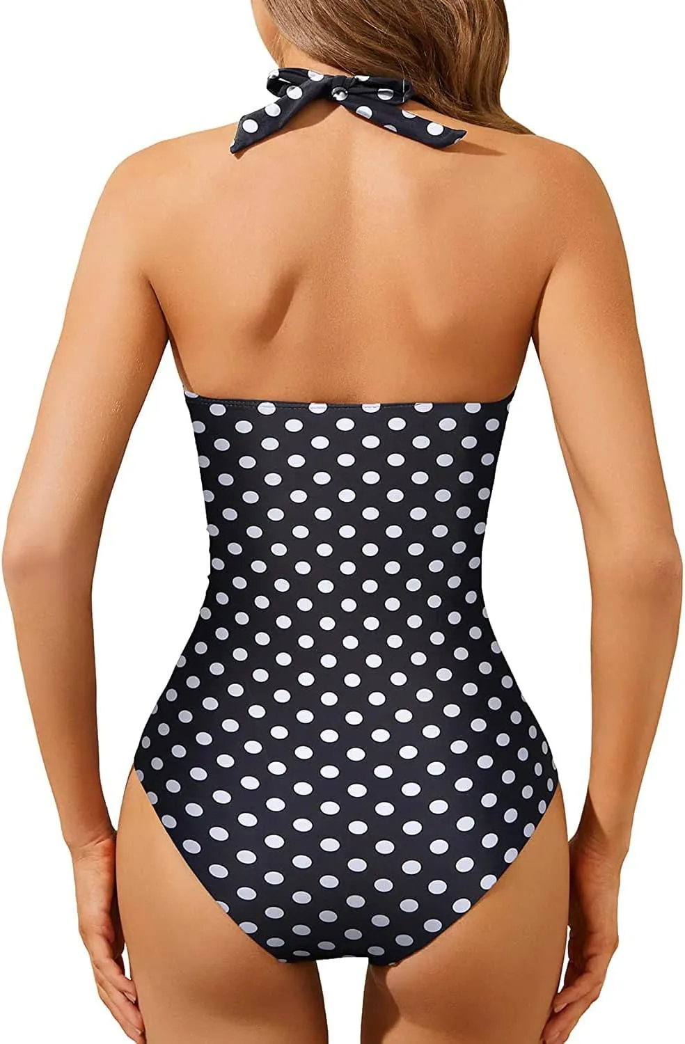 Aqua Eve Women Tummy Control Bathing Suits Halter One Piece Swinsuits Ruched Mesh Vintage Swimwear