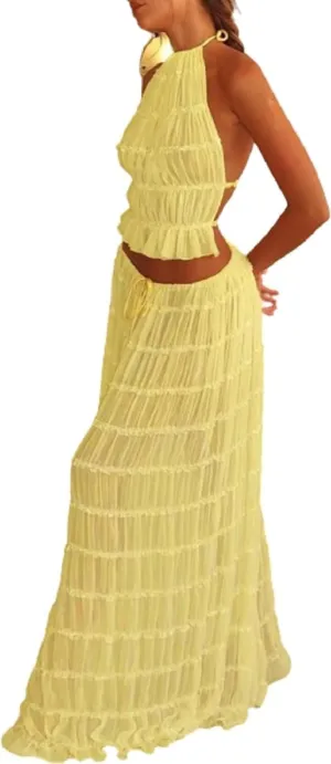 Argeousgor Y2k Two Piece Maxi Skirt Sets for Women Summer Backless Halter Crop Top Long Flowy Skirt Going Out Outfits