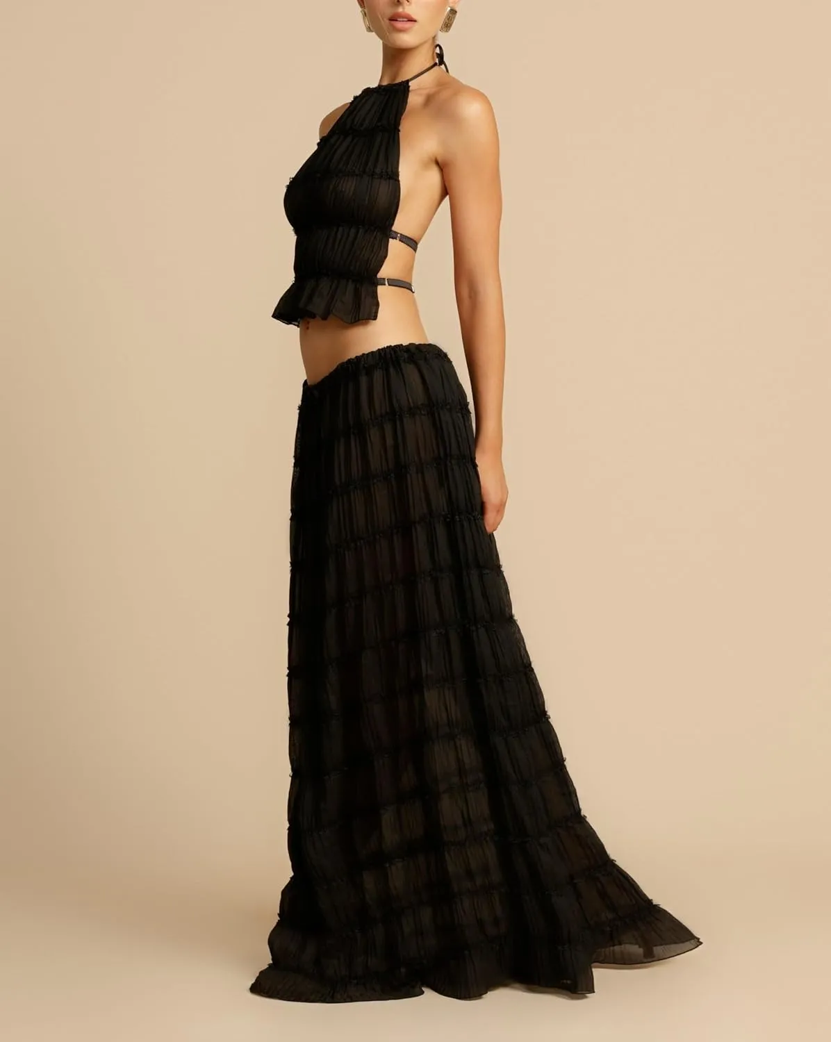 Argeousgor Y2k Two Piece Maxi Skirt Sets for Women Summer Backless Halter Crop Top Long Flowy Skirt Going Out Outfits