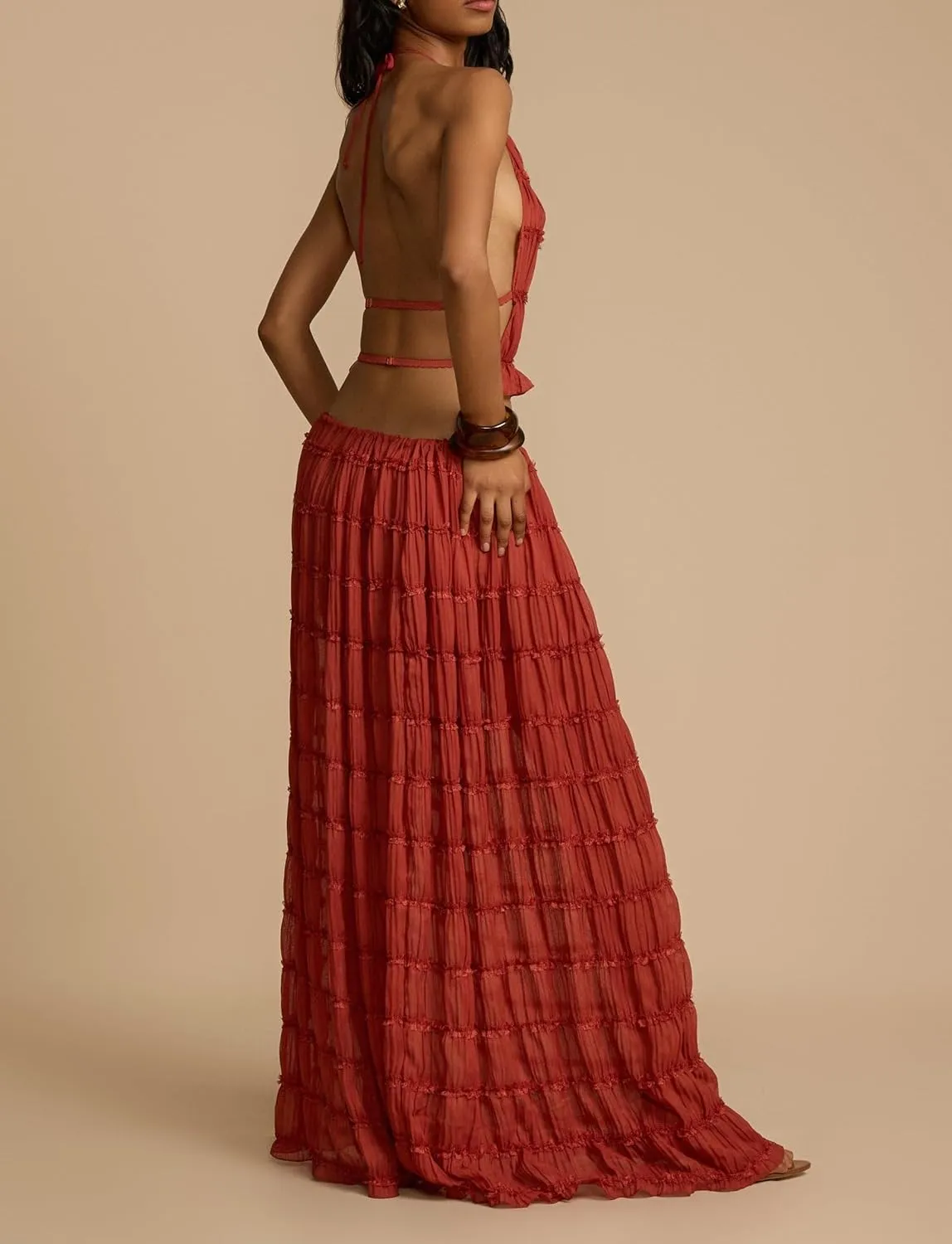 Argeousgor Y2k Two Piece Maxi Skirt Sets for Women Summer Backless Halter Crop Top Long Flowy Skirt Going Out Outfits