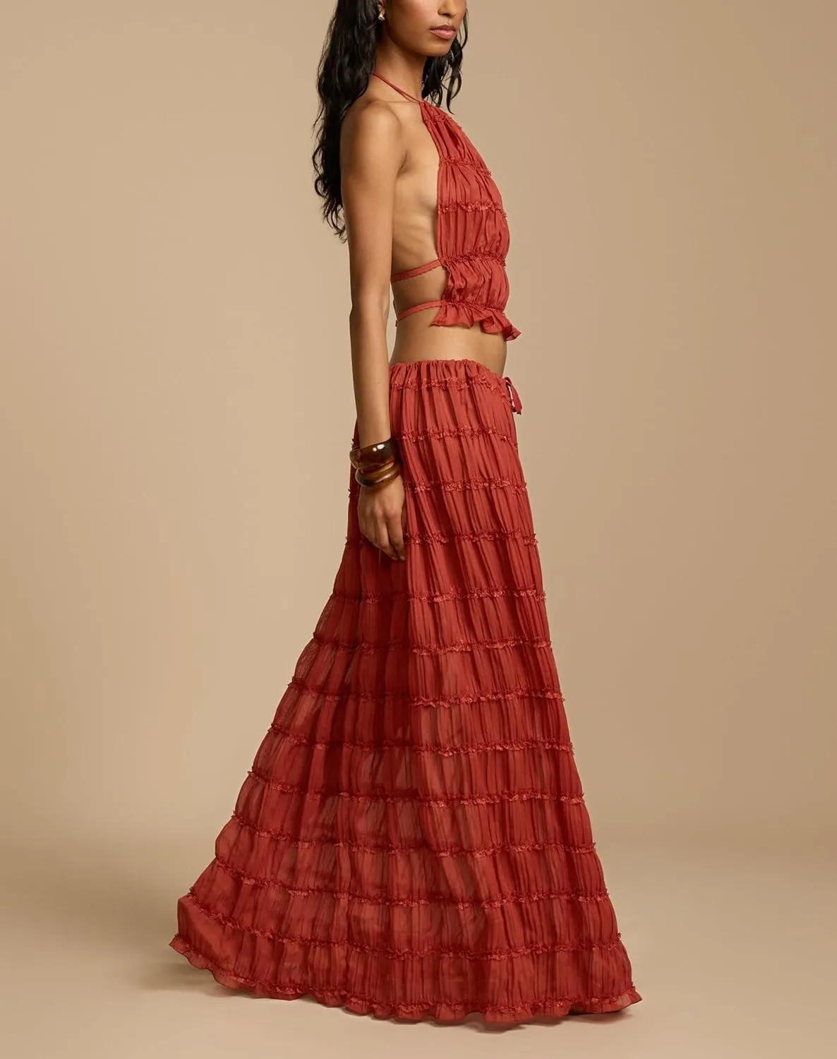 Argeousgor Y2k Two Piece Maxi Skirt Sets for Women Summer Backless Halter Crop Top Long Flowy Skirt Going Out Outfits