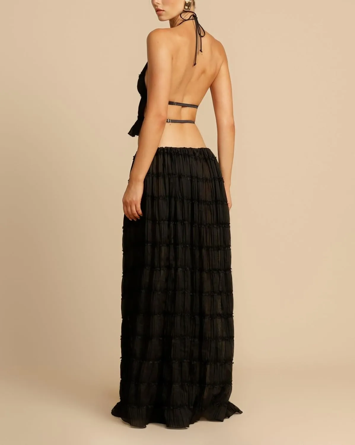 Argeousgor Y2k Two Piece Maxi Skirt Sets for Women Summer Backless Halter Crop Top Long Flowy Skirt Going Out Outfits