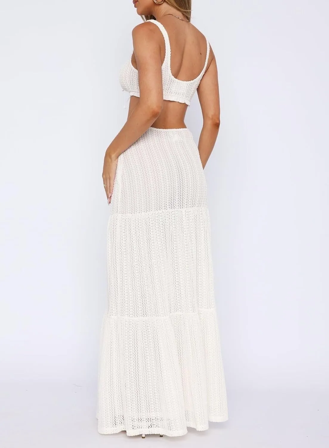 Argeousgor Y2k Two Piece Maxi Skirt Sets for Women Summer Backless Halter Crop Top Long Flowy Skirt Going Out Outfits