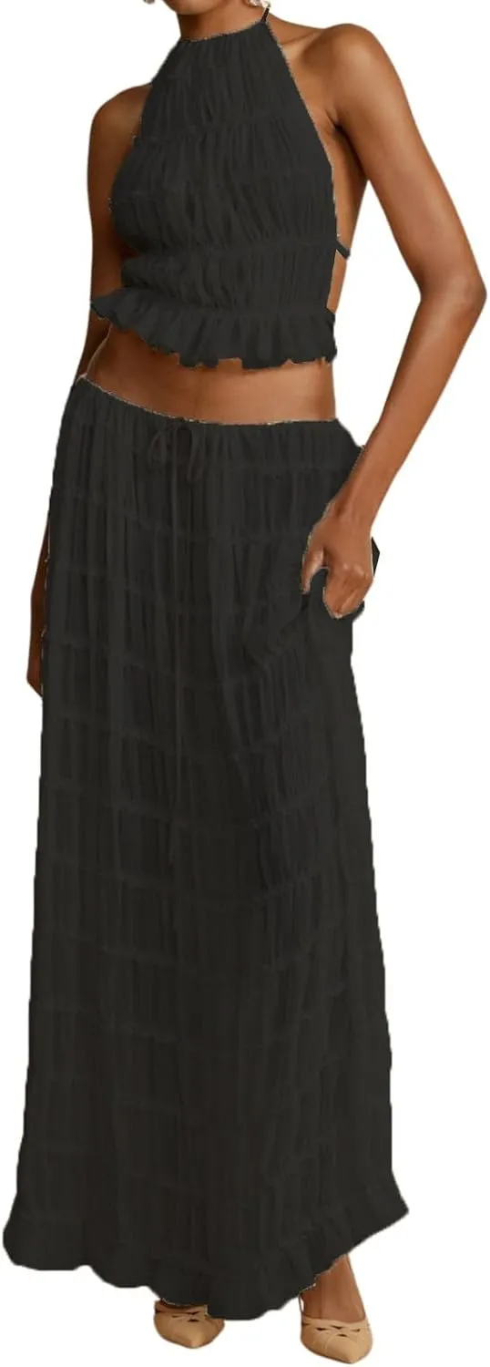 Argeousgor Y2k Two Piece Maxi Skirt Sets for Women Summer Backless Halter Crop Top Long Flowy Skirt Going Out Outfits
