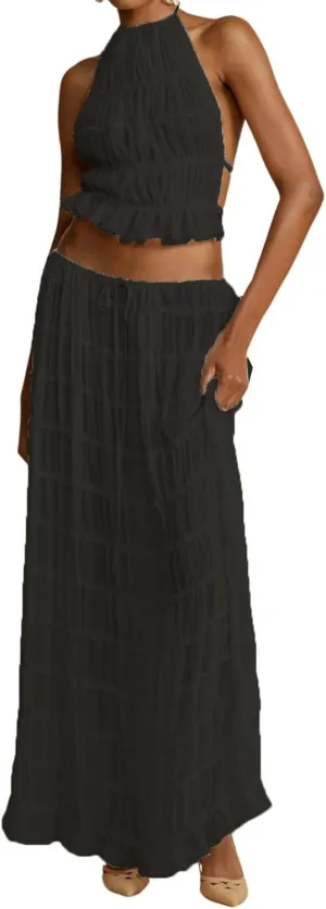 Argeousgor Y2k Two Piece Maxi Skirt Sets for Women Summer Backless Halter Crop Top Long Flowy Skirt Going Out Outfits