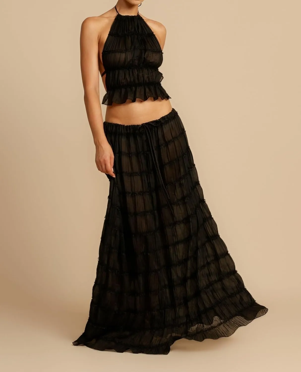 Argeousgor Y2k Two Piece Maxi Skirt Sets for Women Summer Backless Halter Crop Top Long Flowy Skirt Going Out Outfits