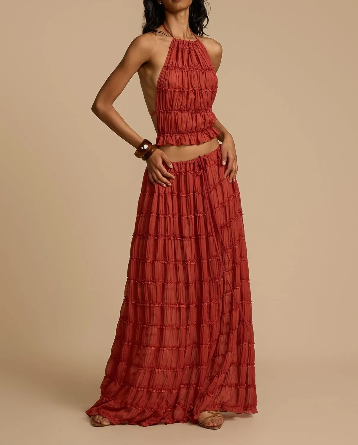 Argeousgor Y2k Two Piece Maxi Skirt Sets for Women Summer Backless Halter Crop Top Long Flowy Skirt Going Out Outfits
