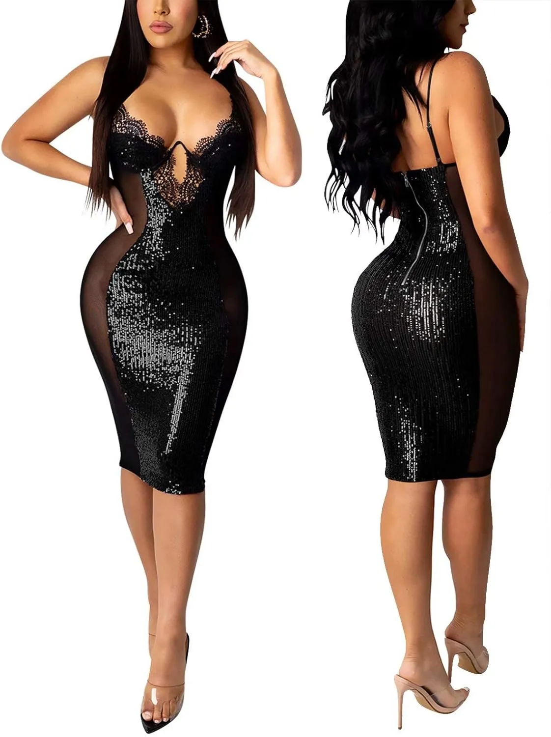 Aro Lora Womens Sexy Deep V Neck Glitter Sequin Tassels Bodycon Mini Club Dress