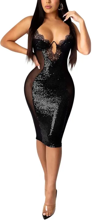 Aro Lora Womens Sexy Deep V Neck Glitter Sequin Tassels Bodycon Mini Club Dress