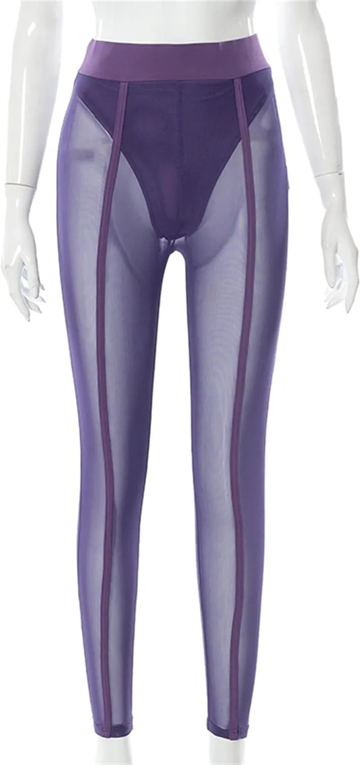 Atyfuniby Womens Leggings High Waisted - Sexy Skinny Mesh See Through Pants Party Clubwear