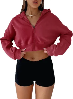 Aurgelmir Women's Cropped Zip Up Hoodie Sweatshirts Long Sleeve Casual Loose Y2K Pullover Tops