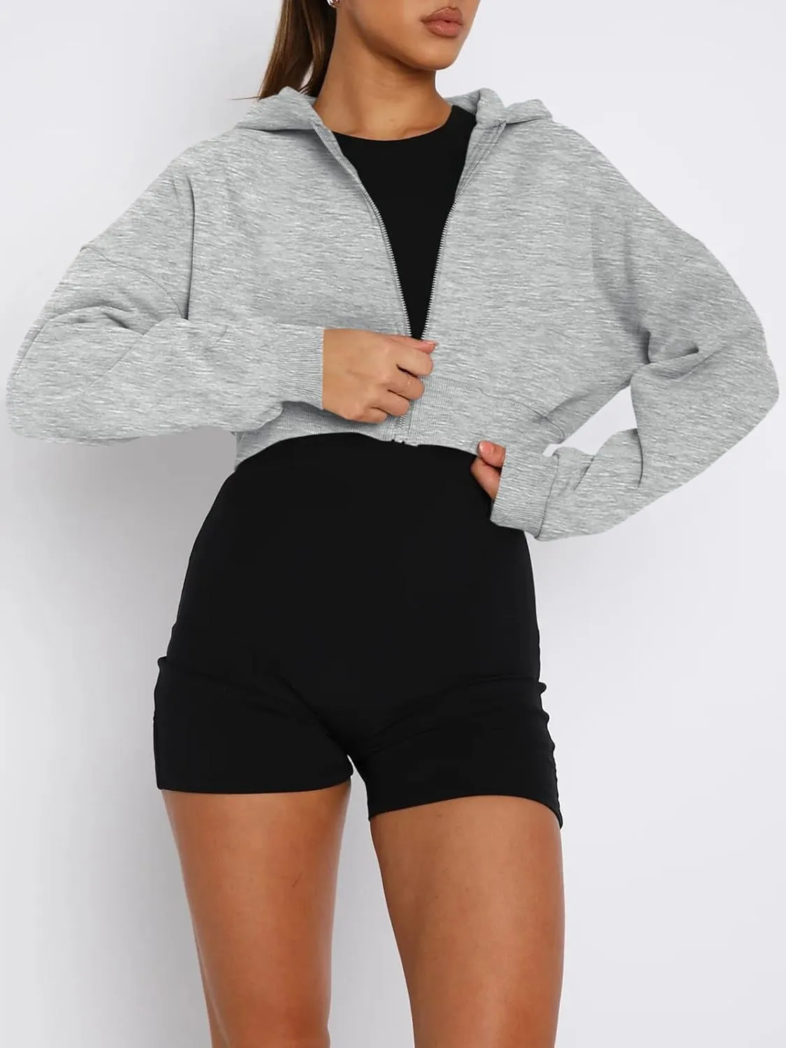 Aurgelmir Women's Cropped Zip Up Hoodie Sweatshirts Long Sleeve Casual Loose Y2K Pullover Tops