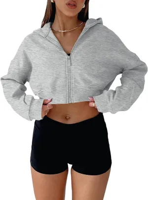 Aurgelmir Women's Cropped Zip Up Hoodie Sweatshirts Long Sleeve Casual Loose Y2K Pullover Tops