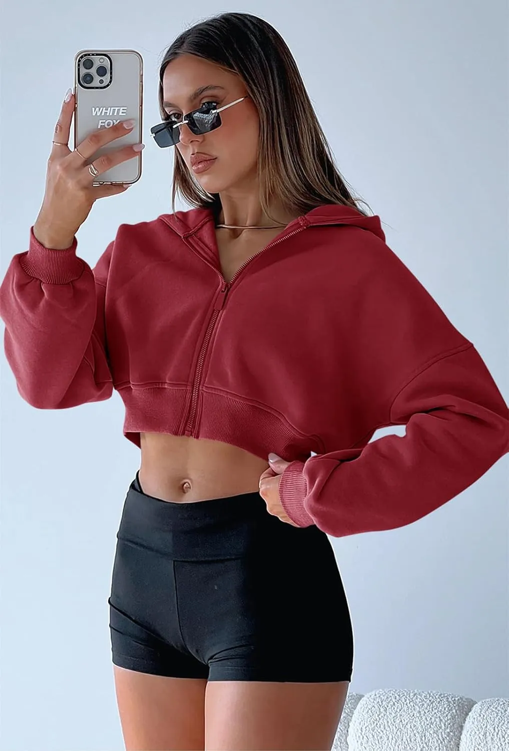 Aurgelmir Women's Cropped Zip Up Hoodie Sweatshirts Long Sleeve Casual Loose Y2K Pullover Tops