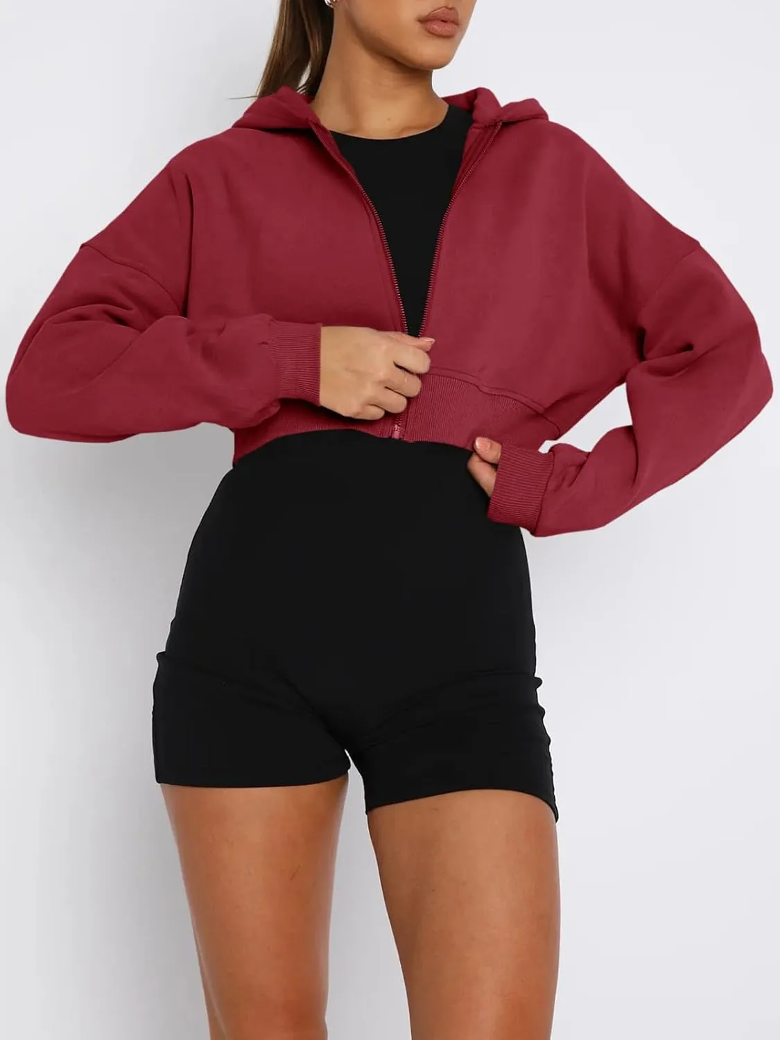Aurgelmir Women's Cropped Zip Up Hoodie Sweatshirts Long Sleeve Casual Loose Y2K Pullover Tops