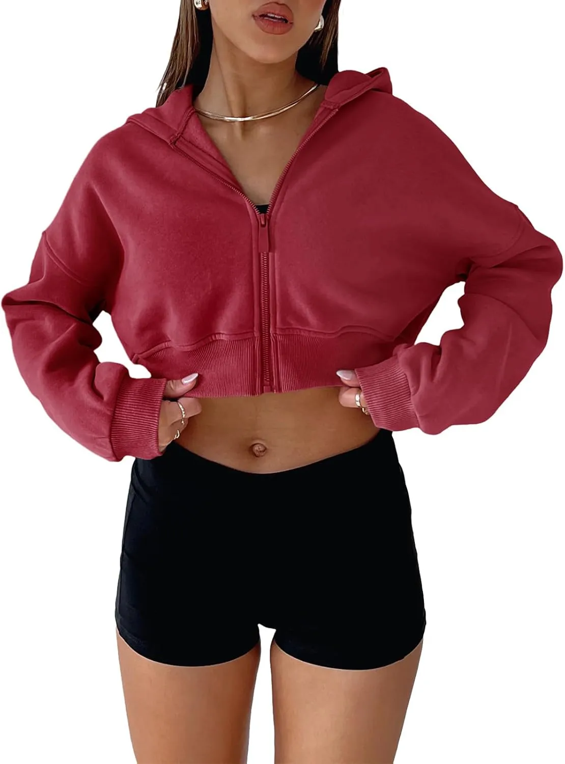 Aurgelmir Women's Cropped Zip Up Hoodie Sweatshirts Long Sleeve Casual Loose Y2K Pullover Tops