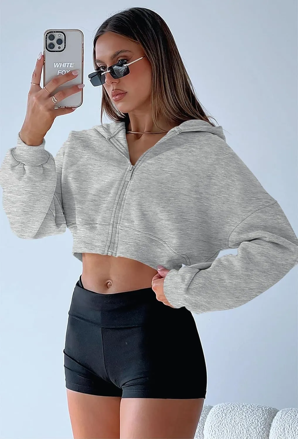 Aurgelmir Women's Cropped Zip Up Hoodie Sweatshirts Long Sleeve Casual Loose Y2K Pullover Tops