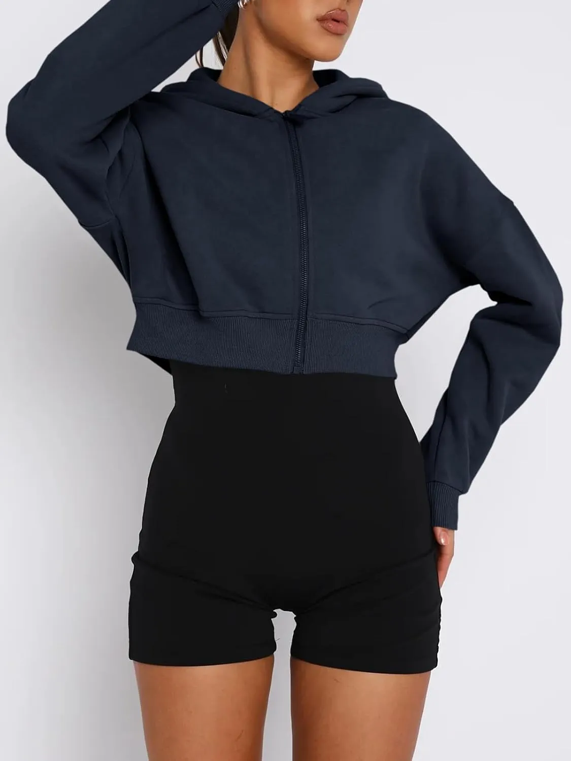 Aurgelmir Women's Cropped Zip Up Hoodie Sweatshirts Long Sleeve Casual Loose Y2K Pullover Tops