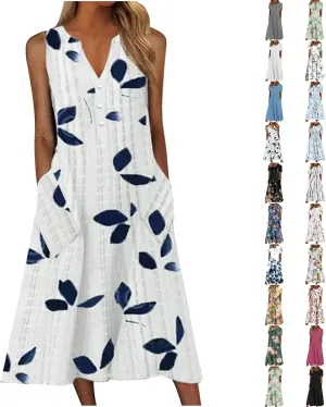 Beach Dresses for Women,2023 Summer Trendy Floral Flowy Ruched Boho Dress,Ladies Casual Maxi Dress with Pockets