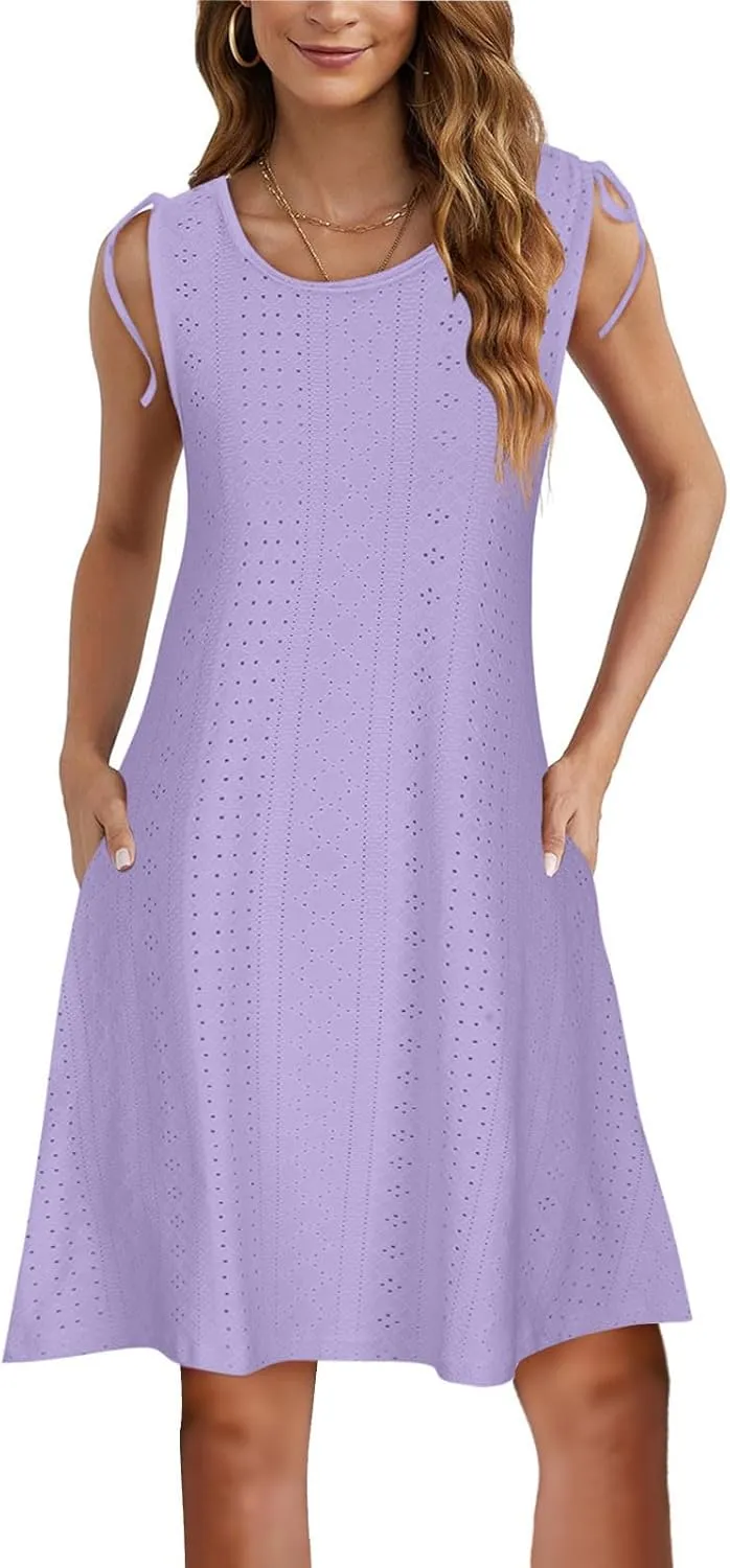 Beach Vacation Clothes for Women Breathable Round Neck Hollow Sleeveless Dress Cute Knee Length Sundresses