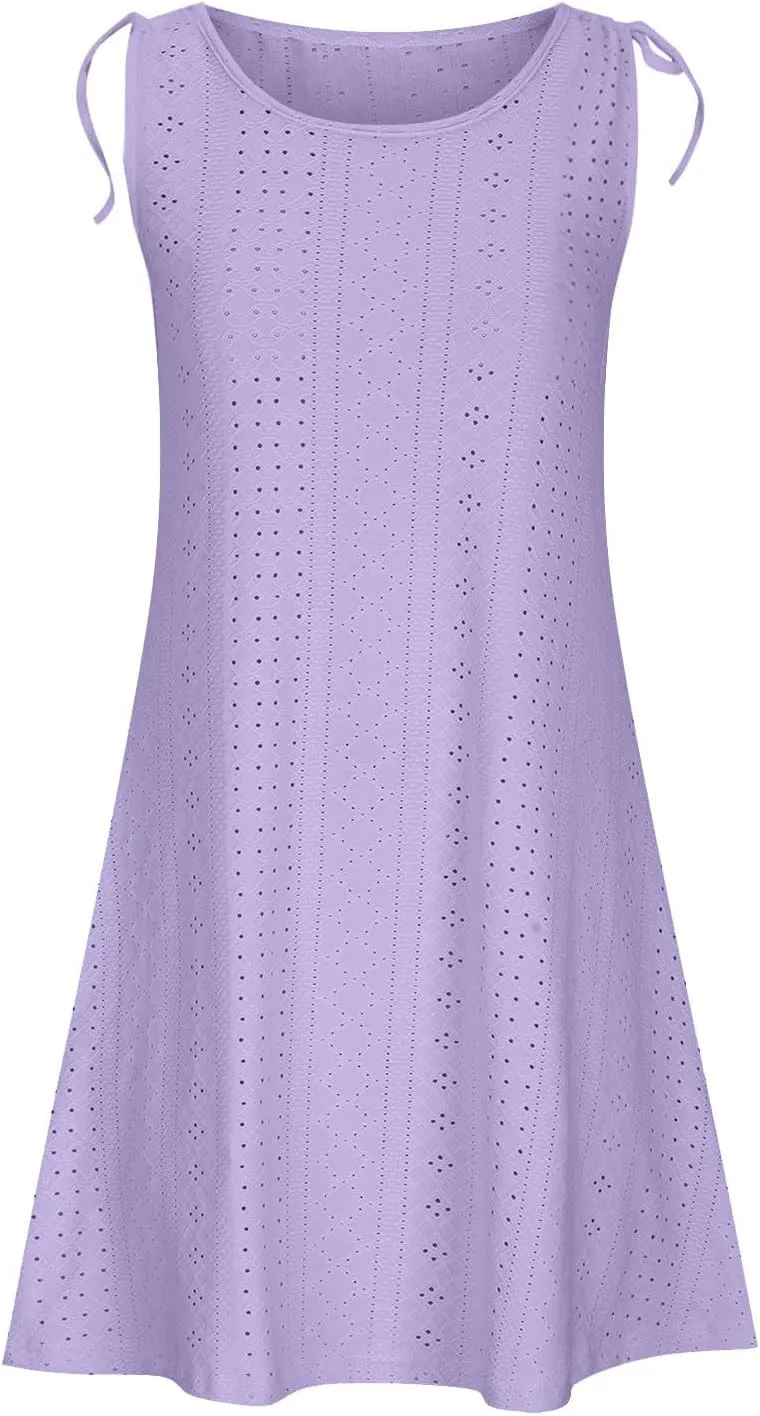 Beach Vacation Clothes for Women Breathable Round Neck Hollow Sleeveless Dress Cute Knee Length Sundresses