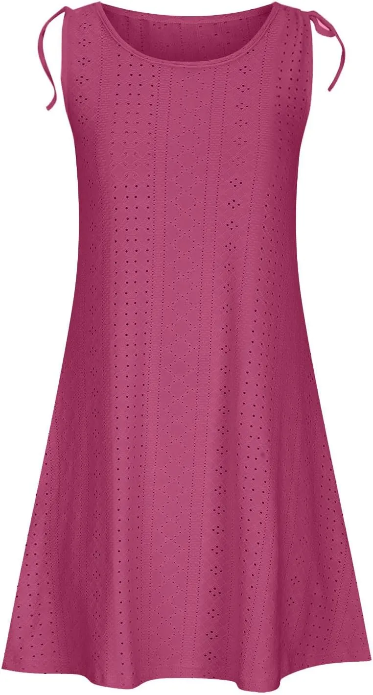 Beach Vacation Clothes for Women Breathable Round Neck Hollow Sleeveless Dress Cute Knee Length Sundresses