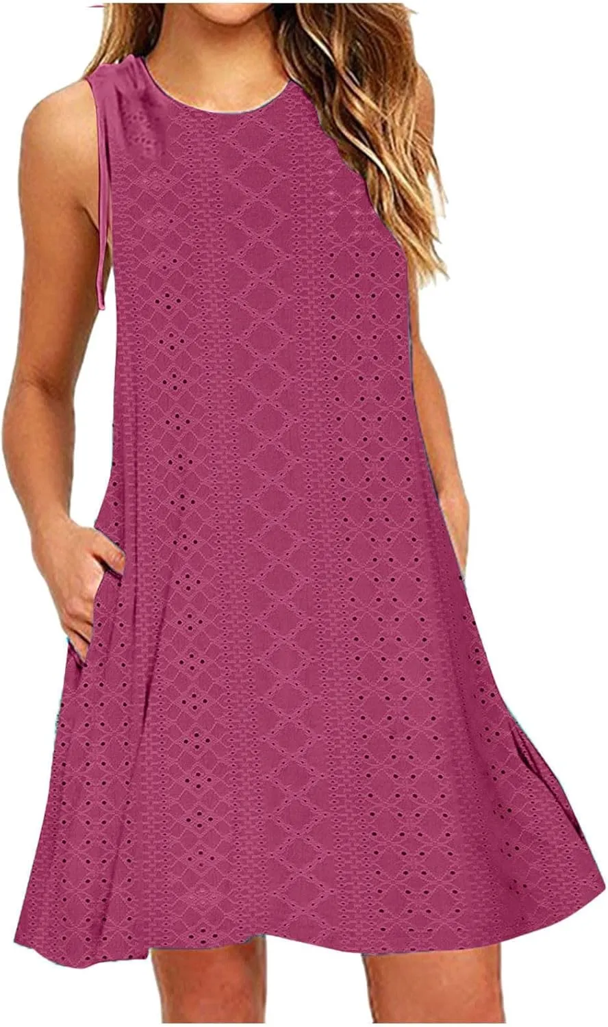 Beach Vacation Clothes for Women Breathable Round Neck Hollow Sleeveless Dress Cute Knee Length Sundresses