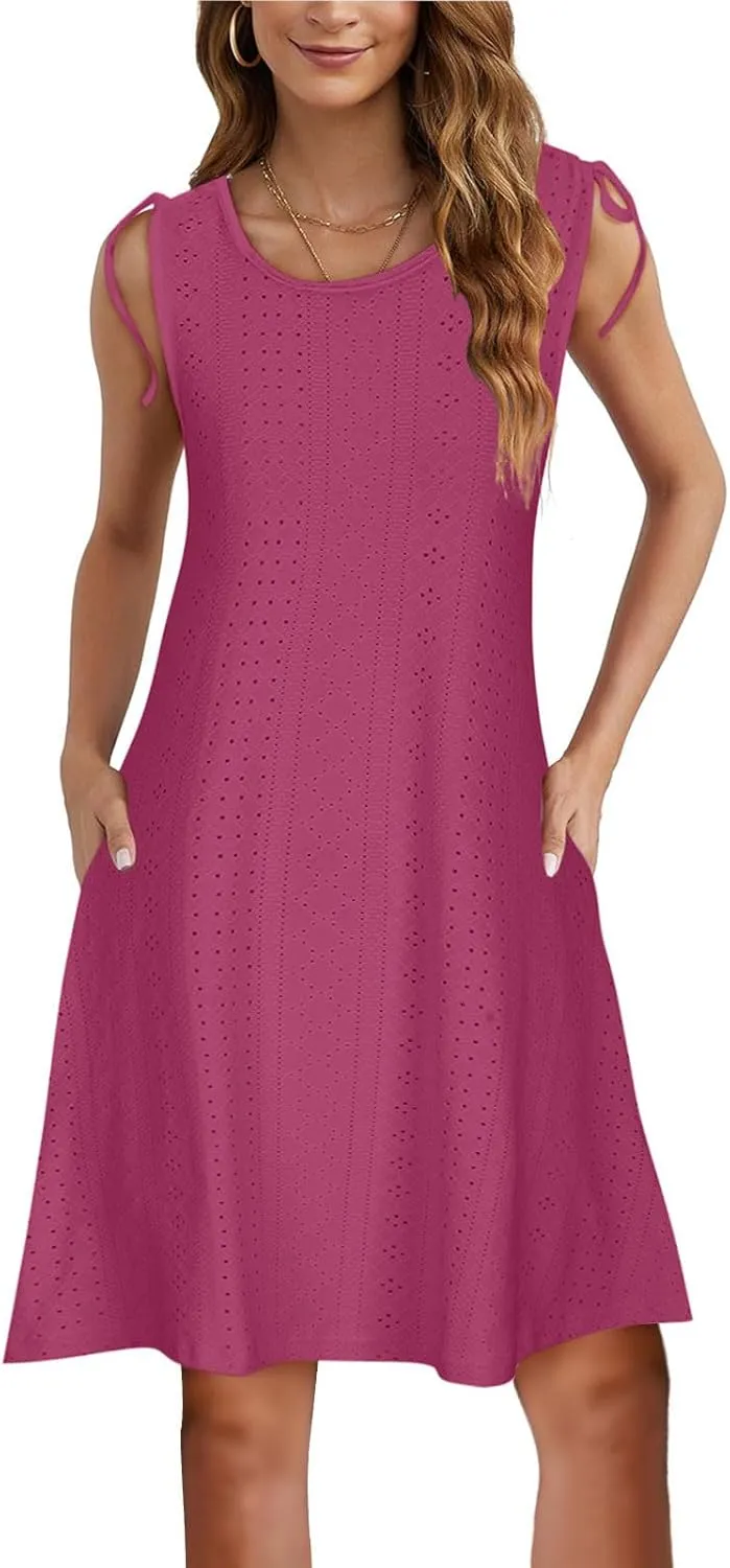 Beach Vacation Clothes for Women Breathable Round Neck Hollow Sleeveless Dress Cute Knee Length Sundresses