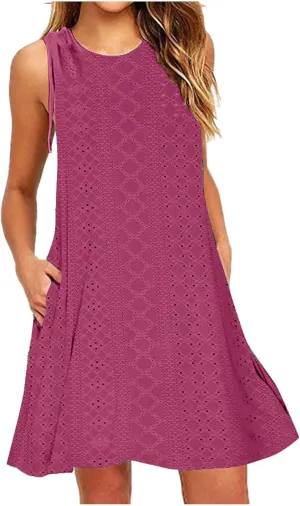 Beach Vacation Clothes for Women Breathable Round Neck Hollow Sleeveless Dress Cute Knee Length Sundresses